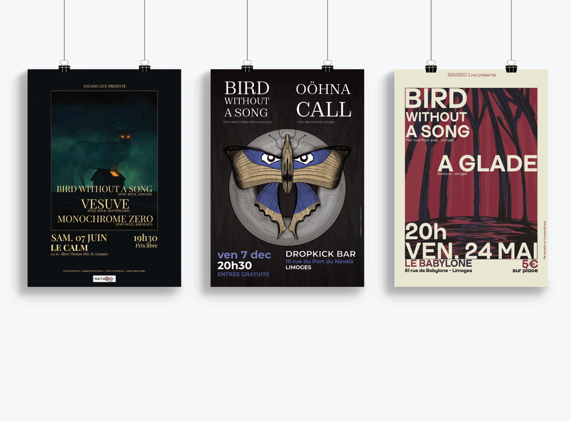 Réalisation d’affiches de concerts pour ma formation musicale, Bird Without a Song (2023-2025)